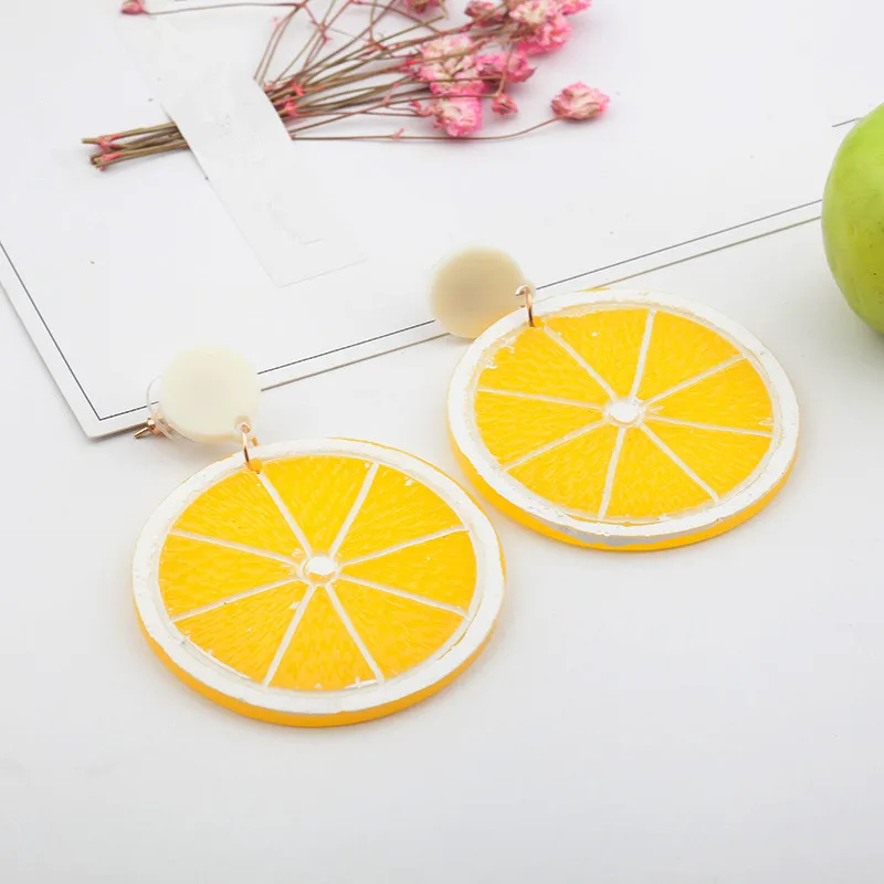 2018 summer style cute lovely fruit orange long drop earring exaggerated acrylic gold color big round lemon accessories | Украшения и