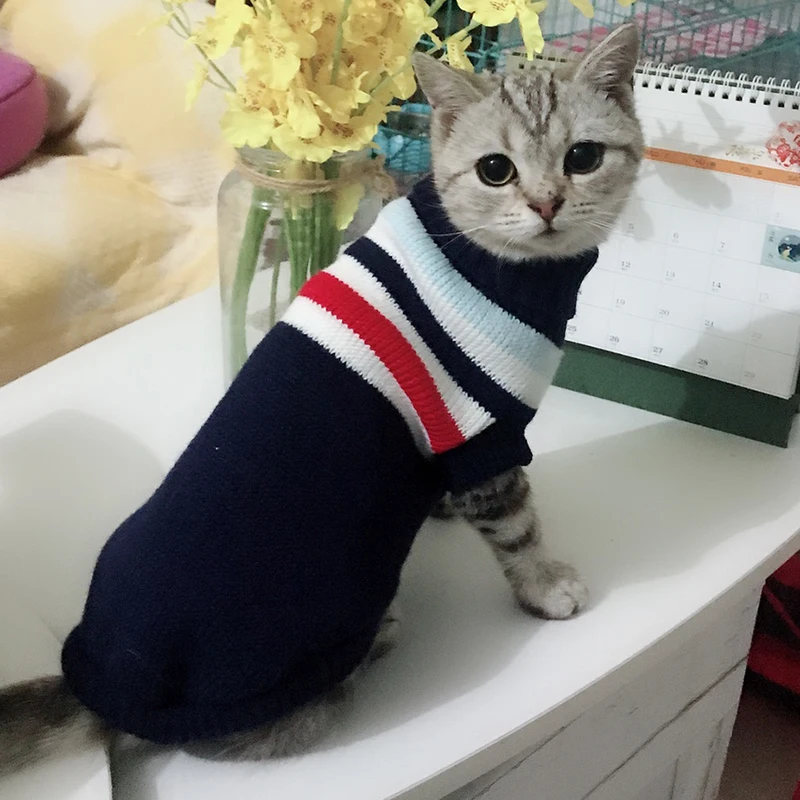 Модный Полосатый свитер с капюшоном для питомцев кошек, зимняя теплая одежда для кошек, пальто для кошек, одежда для кошек, товары для домашних животных