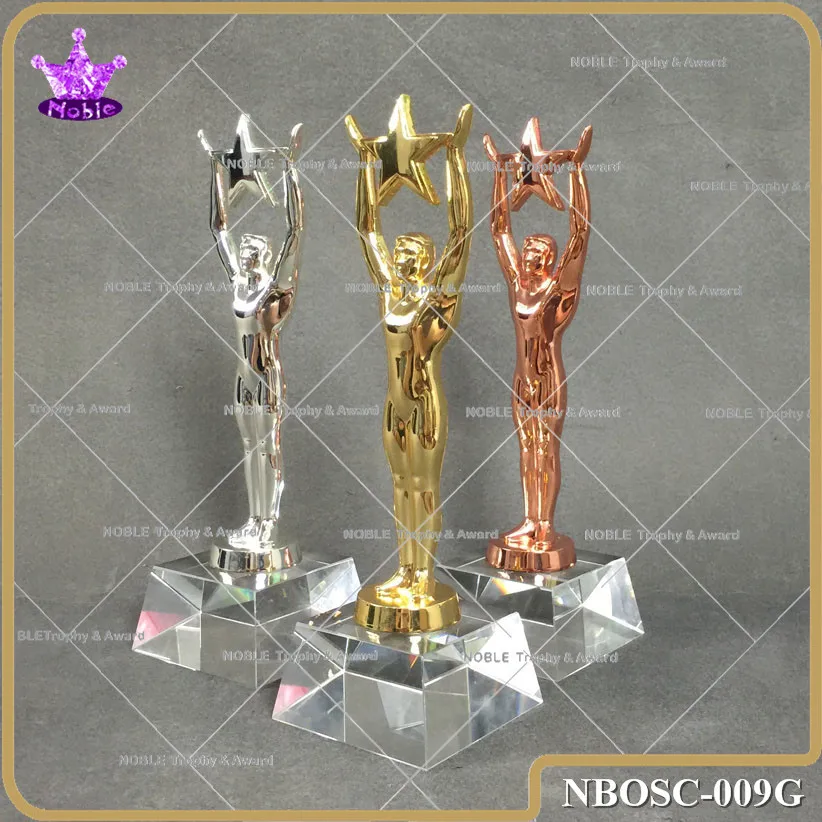 Noble Gold Silver Bronze Metal Oscar Statuette On Clear Crystal Base |