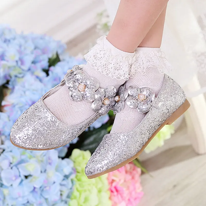 Туфли на плоской подошве для девочек с цветами кожаные туфли принцессы свадебные