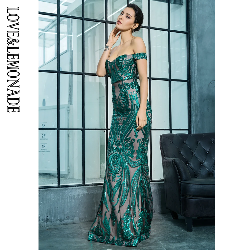 Женское длинное платье LOVE & LEMONADE зеленое облегающее с открытыми плечами и