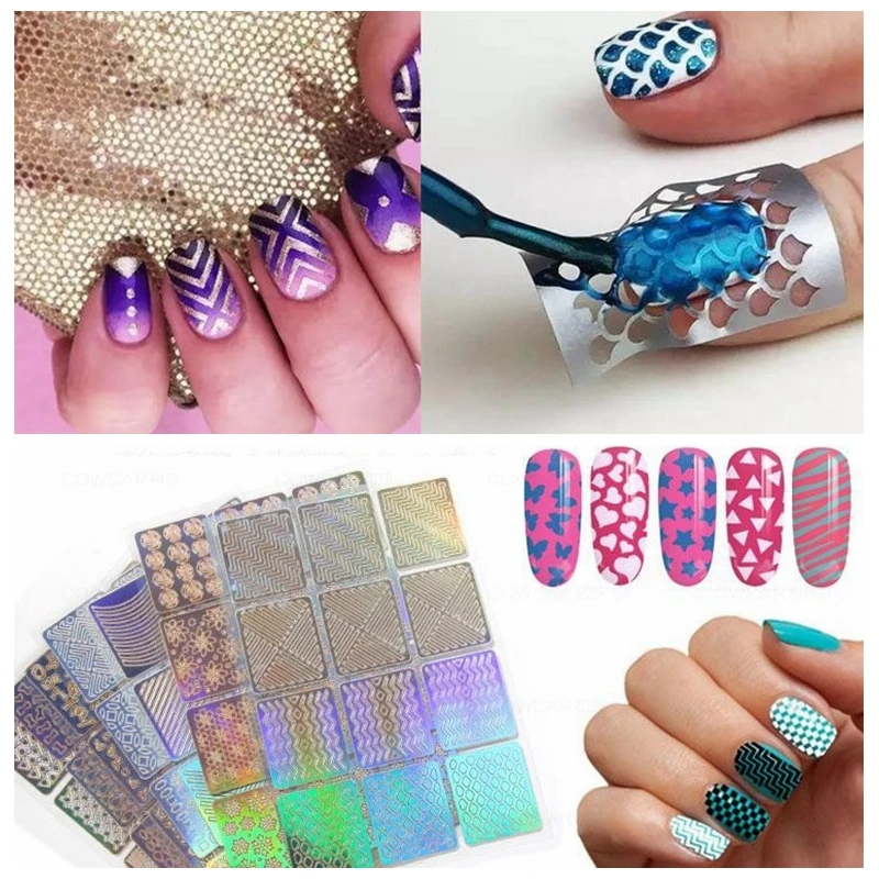 

12Tips/sheet Nail Art Hollow Laser Sticker Stencil Gel Polish Nail Vinyl Tip Transfer Guide Template Nail Decals 24 Patterns