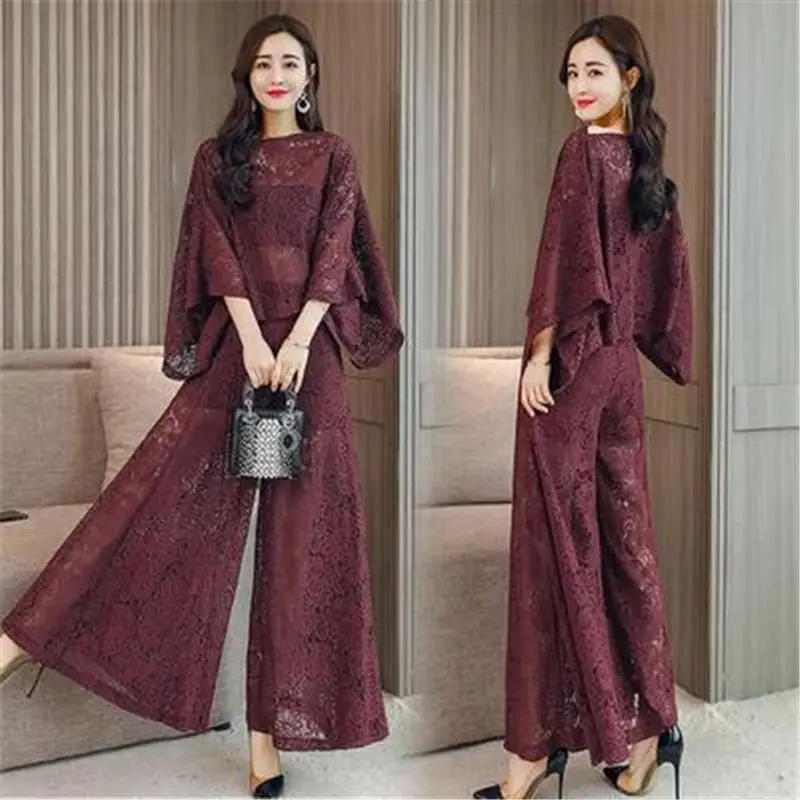 

2019 Summer Women Vintage Hollow Out Lace Sets Female Elegant Batwing Sleeve Solid Shirt+Elastic Waist Wide Leg Pant Suits Z314