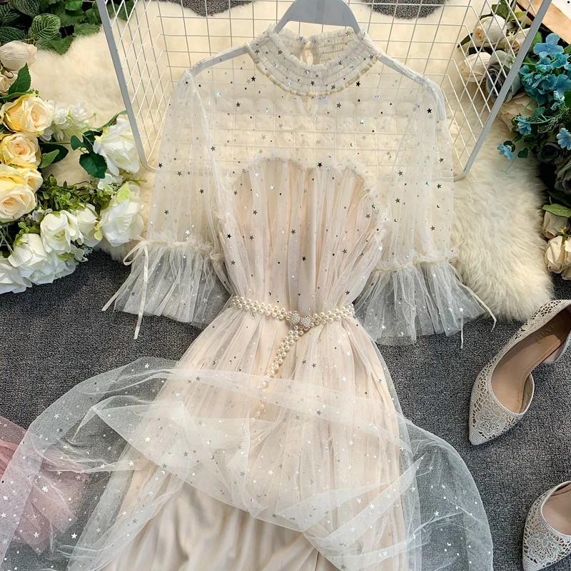 Модное летнее женское платье из тюля с коротким рукавом, женское шикарное блестящее Сетчатое платье, женское блестящее платье из тюля с блестками