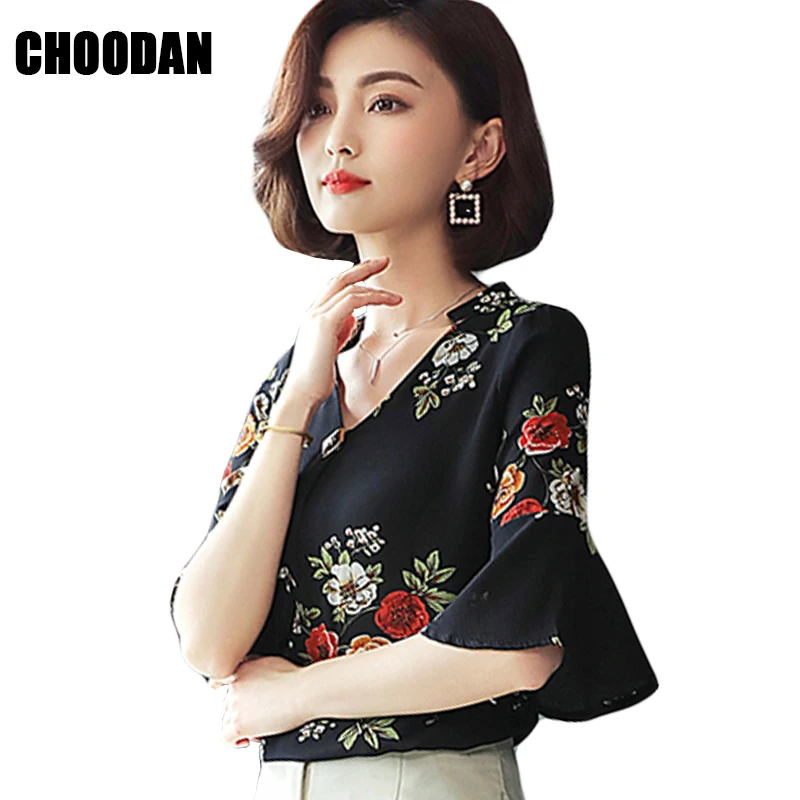 Black Blouse Women V neck Flare Sleeve Shirt Flower Printed Short Chiffon Summer Tops 2018 Female Korean Fashion Clothing |