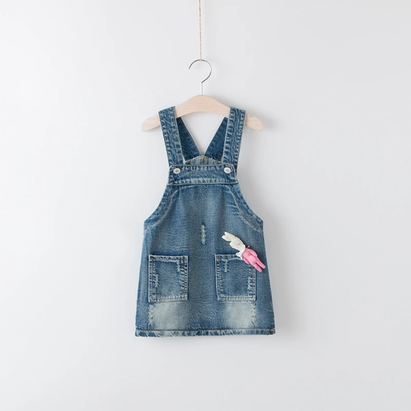 Autumn children's baby denim strap dress girls wear solid color dresses to send rabbit | Детская одежда и обувь
