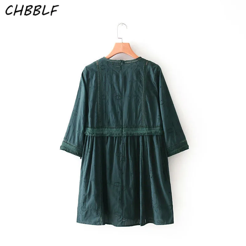 CHBBLF retro pleated dress three quarter sleeve female embroidery mini green dresses vestidos XDN9232 | Женская одежда