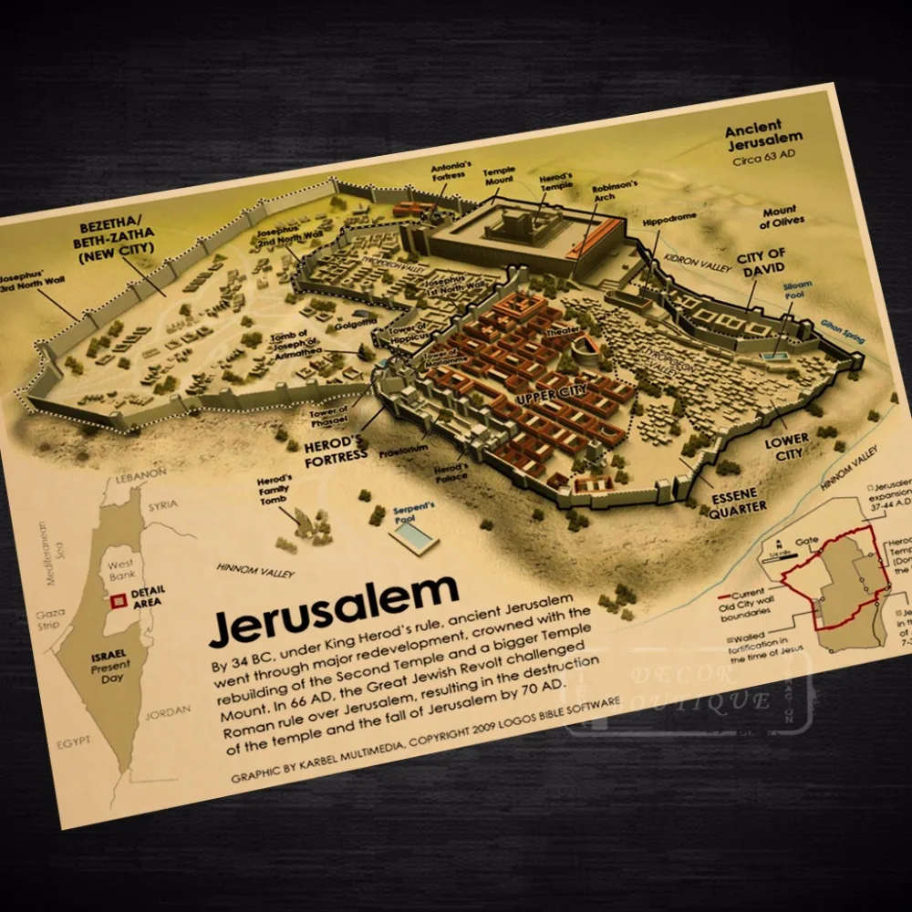 Карта города Jerusalem Классическая винтажная ретро декоративная крафт-бумага