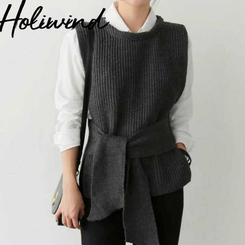 2019 Fall Women Sleeveless Knitting Vest Korean Fashion Bow Ties Designer Waistcoat Sweater |