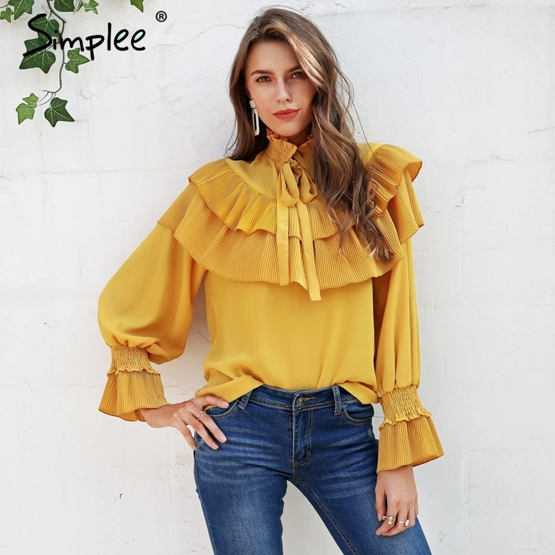 Женская блузка Simplee с рюшами винтажная белая со стоячим воротником рукавом