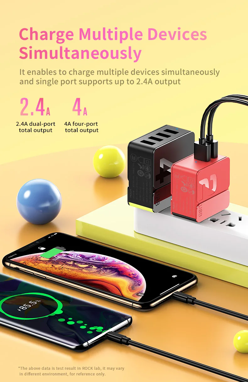 2 4 USB зарядное устройство Rock Универсальный адаптер для быстрой зарядки 5V2. 4A 5V4A EU US штекер для iPhone 7 X XS Max samsung S10 Plus Xiaomi