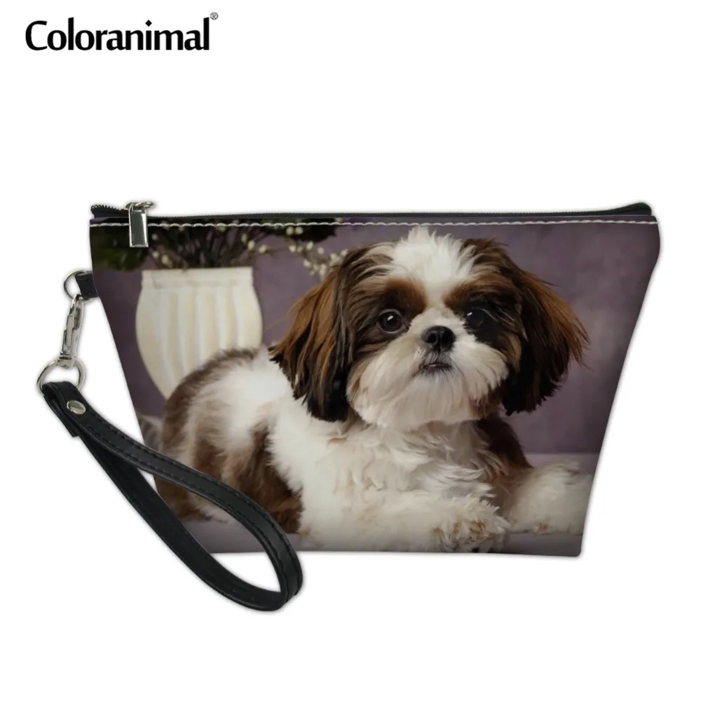 

Coloranimal Brand Design Women Make Up Case Shih Tzu Cosmetic Bag Travel Organize Necessity Bag Print PU Leather Floral Toiletry