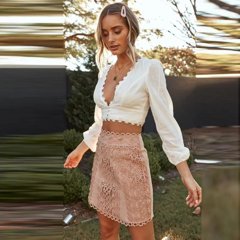 2019 Женская Кружевная блуза с длинным рукавом Повседневная белая блузка рубашка