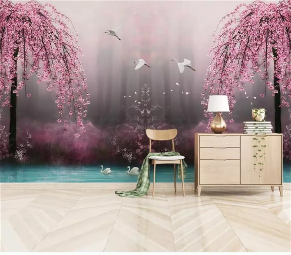 Пользовательские Любой размер 3d Wallpape красивые мечтательные розовые вишни Лебедь