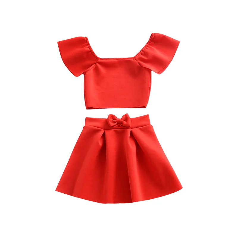 Красные топы с открытыми плечами и юбка бантом детская одежда для девочек летняя