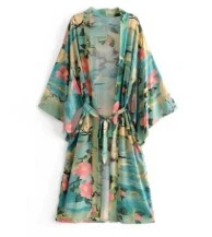 Kimono dress TEELYNN кимоно рукава Бохо Блузка Зеленый журавль цветочный принт блузка сексуальный v-образный Вырез Топ обернуть галстук хиппи цыганские блузки для женщин blusa - Цвет: Kimono dress