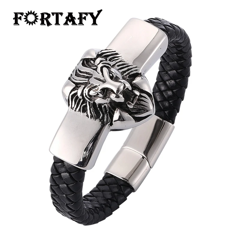 Steel color buckle Мужские ювелирные изделия в стиле панк-рок, браслет из нержавеющей стали с головой льва, мужской плетеный кожаный браслет с шармом, мужской кожаный браслет WP814 - Окраска металла: Steel color buckle