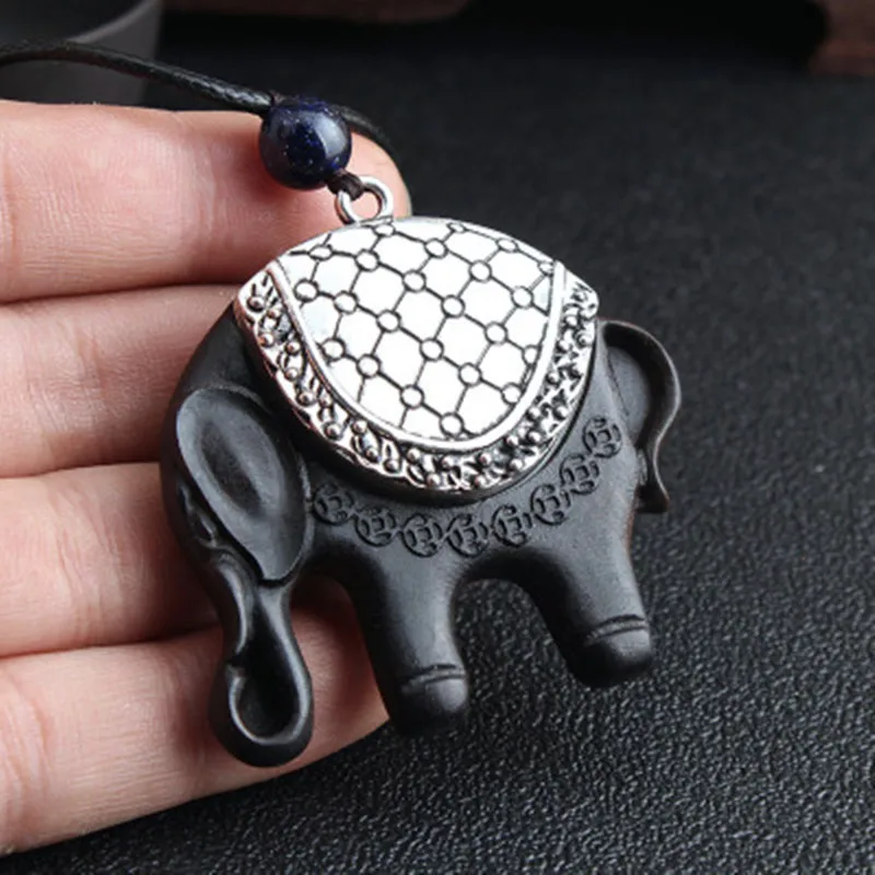 

Vintage Wood Necklace Women And Men Ebony Ping An Auspicious Elephant Sweater Chain Amulet Pendant Souvenir Gifts