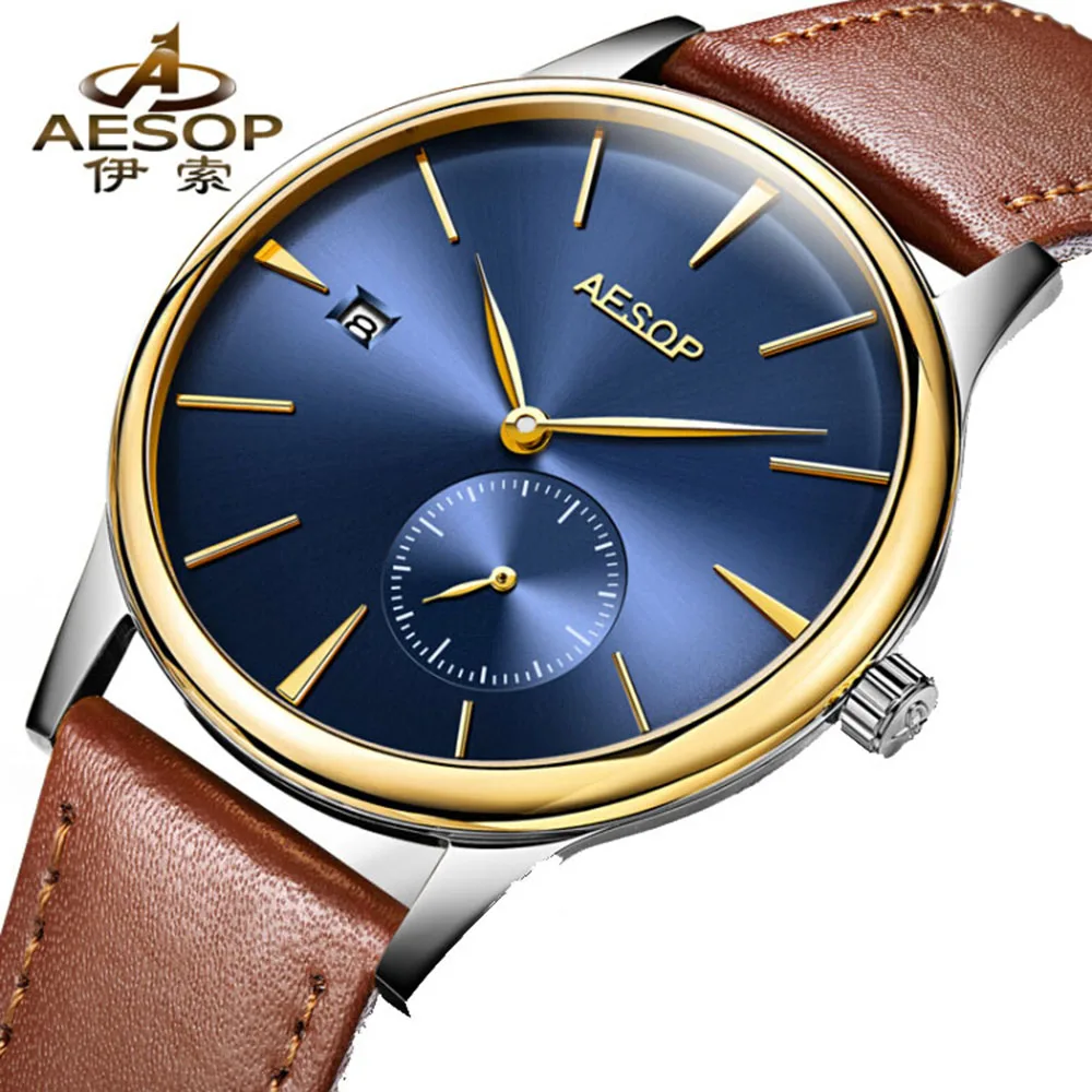 Простой Дизайн Эзоп ультра тонкие часы Для мужчин синий циферблат Самовзводные