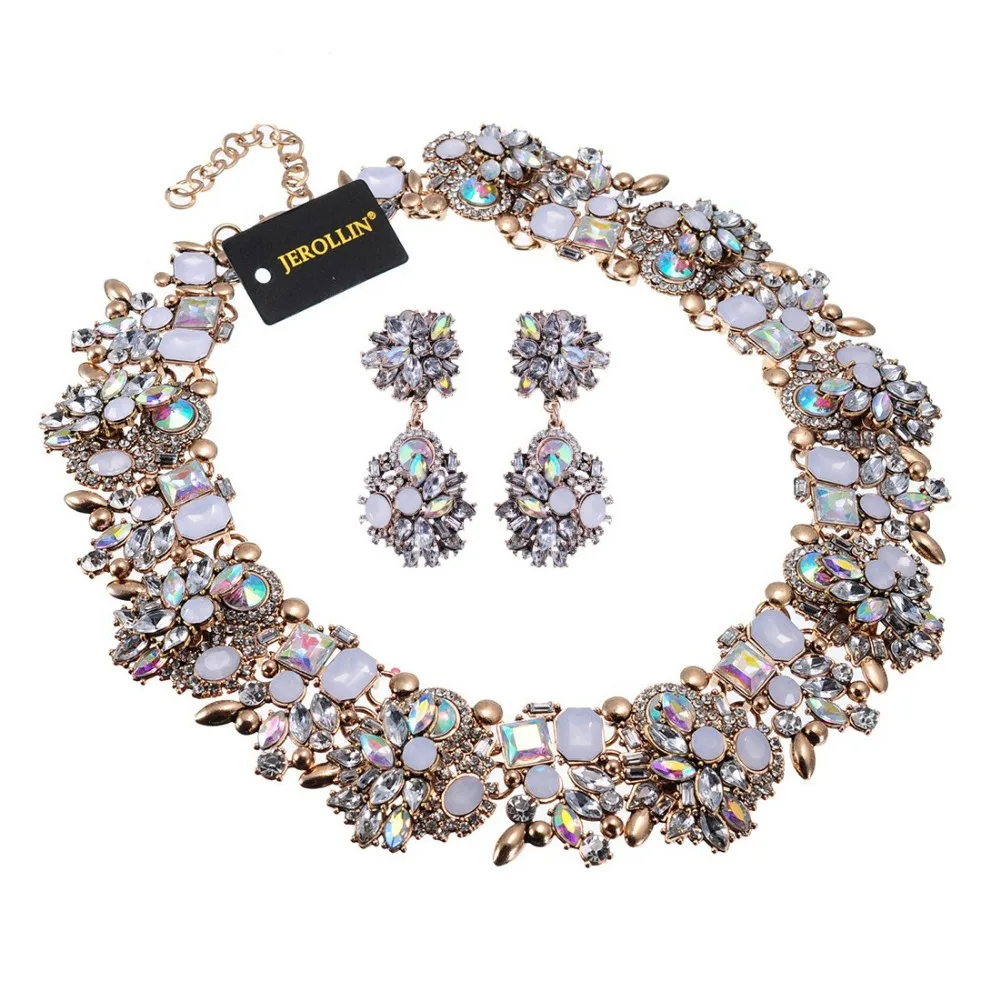 

10 Colors Vintage Glass Crystal Chunky Choker Statement Bib Necklace Earrings Jewelry Set Women Party Accessories Female Gift
