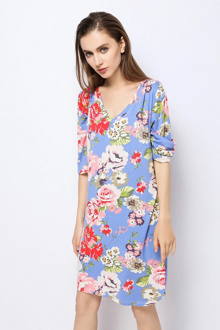 Nightgowns for Women V-neck Flora Printed Loose Casual Home Dress Sexy Lingerie Sleepwear Sleepshirts Nightdress | Женская одежда