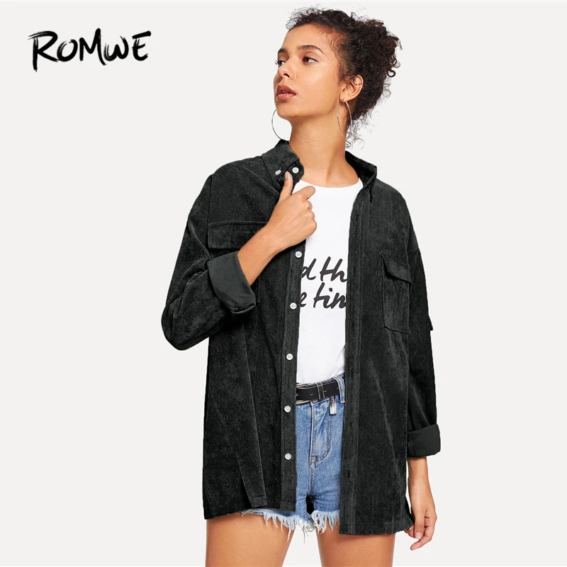 ROMWE, черное однотонное вельветовое пальто с двойным карманом,, однобортные куртки с длинным рукавом, женские Молодежные куртки весна-осень