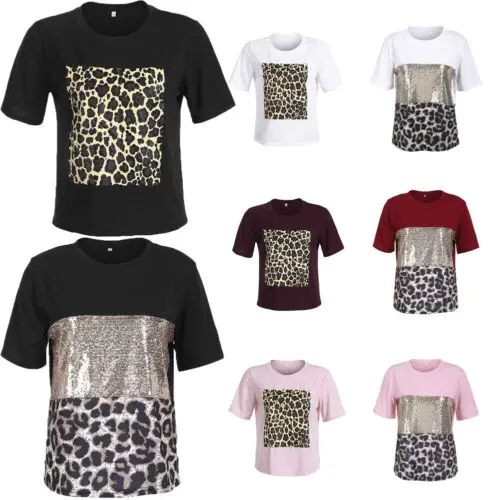 2019 Newest Fashion Hot Women Short Sleeve Leopard Shirt Paillette Summer Casual Tee Tops T shirt | Женская одежда