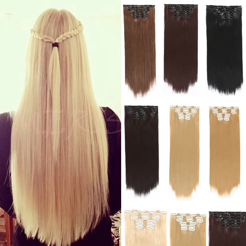 MERISI HAIR 54 см длинные прямые шиньоны 6 шт./партия 16 зажимов 15 цветов термостойкие
