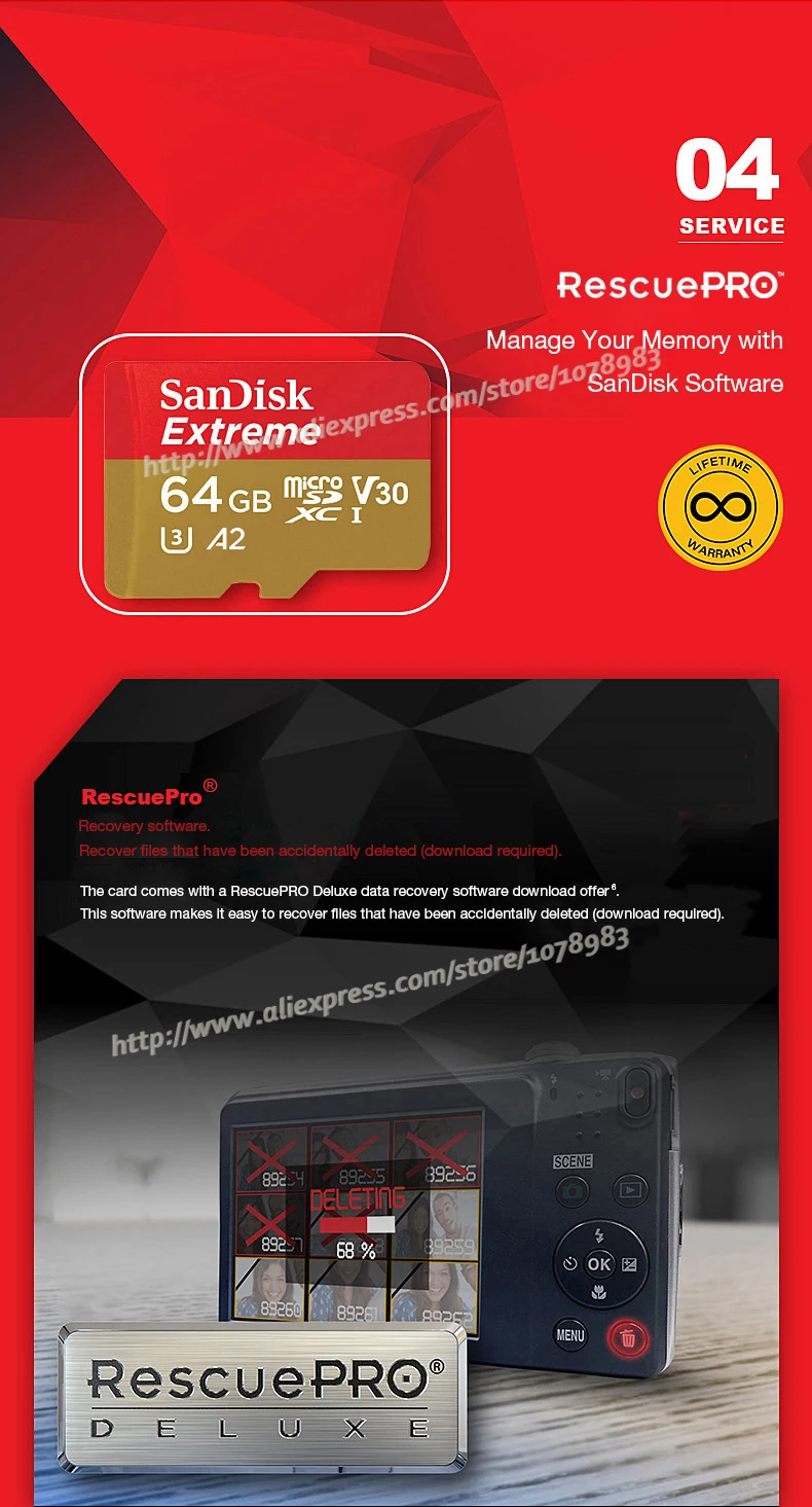 Двойной Флеш-накопитель SanDisk Extreme карты памяти 64 Гб оперативной памяти, 32 Гб встроенной памяти, microSDHC/micro SDXC UHS-I микро SD карты U3 читать Скорость до 100 МБ/с. TF карты V30 в формате 4K UHD