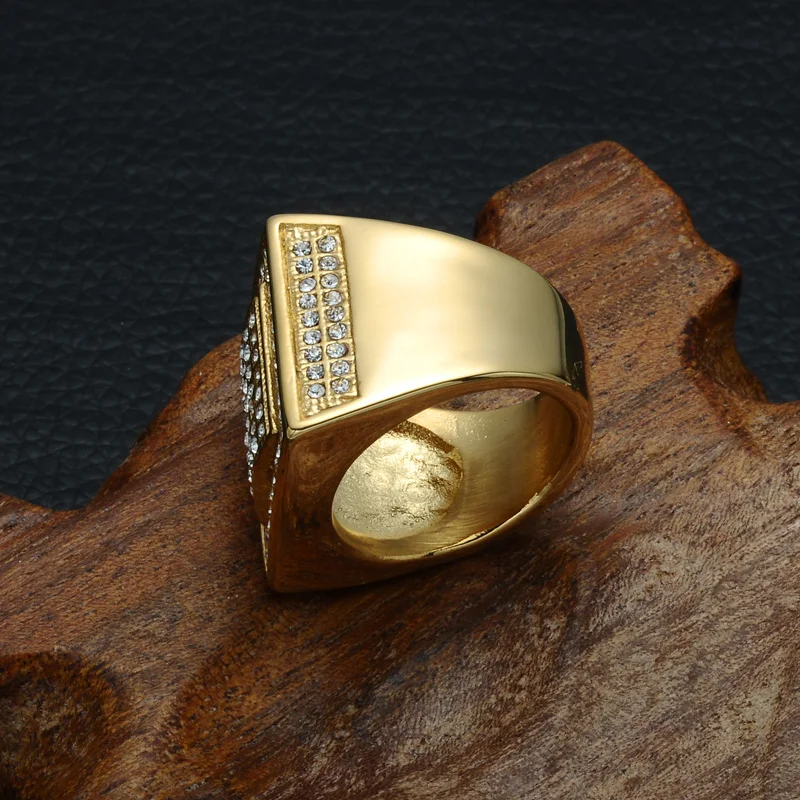 HIP Hop Titanium Micro Pave Crystal Chunky Square Mens Ring Iced Out Bling IP Gold Filled Thick Rings for Men Jewelry | Украшения и