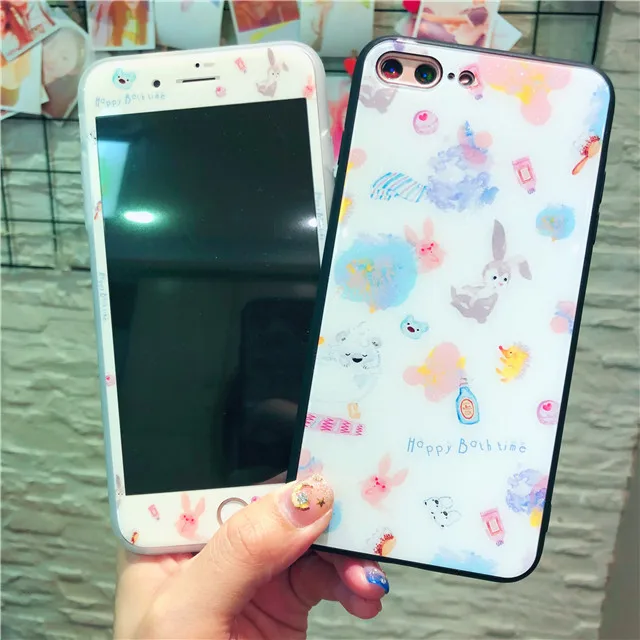 3D Закаленное стекло протектор экрана для iPhone X XS 6 6s 7 8 Plus glass oroll Maruko Кролик шаблон стекло+ ТПУ Жесткий чехол для телефона