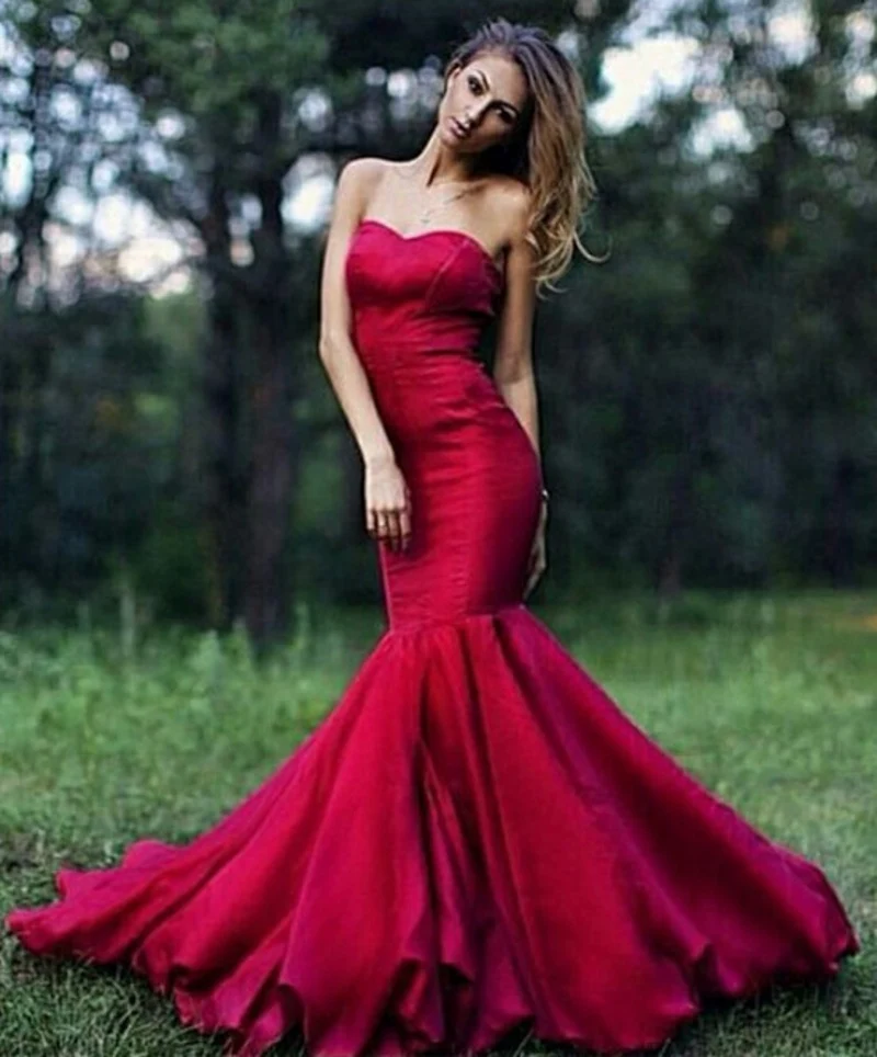 Красивый Красный Длинные Русалка Вечерние Платья Партии Атласная Милая Женщины