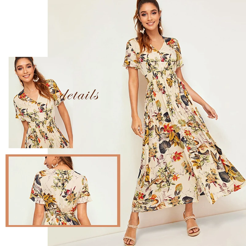 Sheinside Boho тропический принт рубашка платье для женщин Лето короткий рукав эластичный шнурок на талии платья женское плиссированное платье