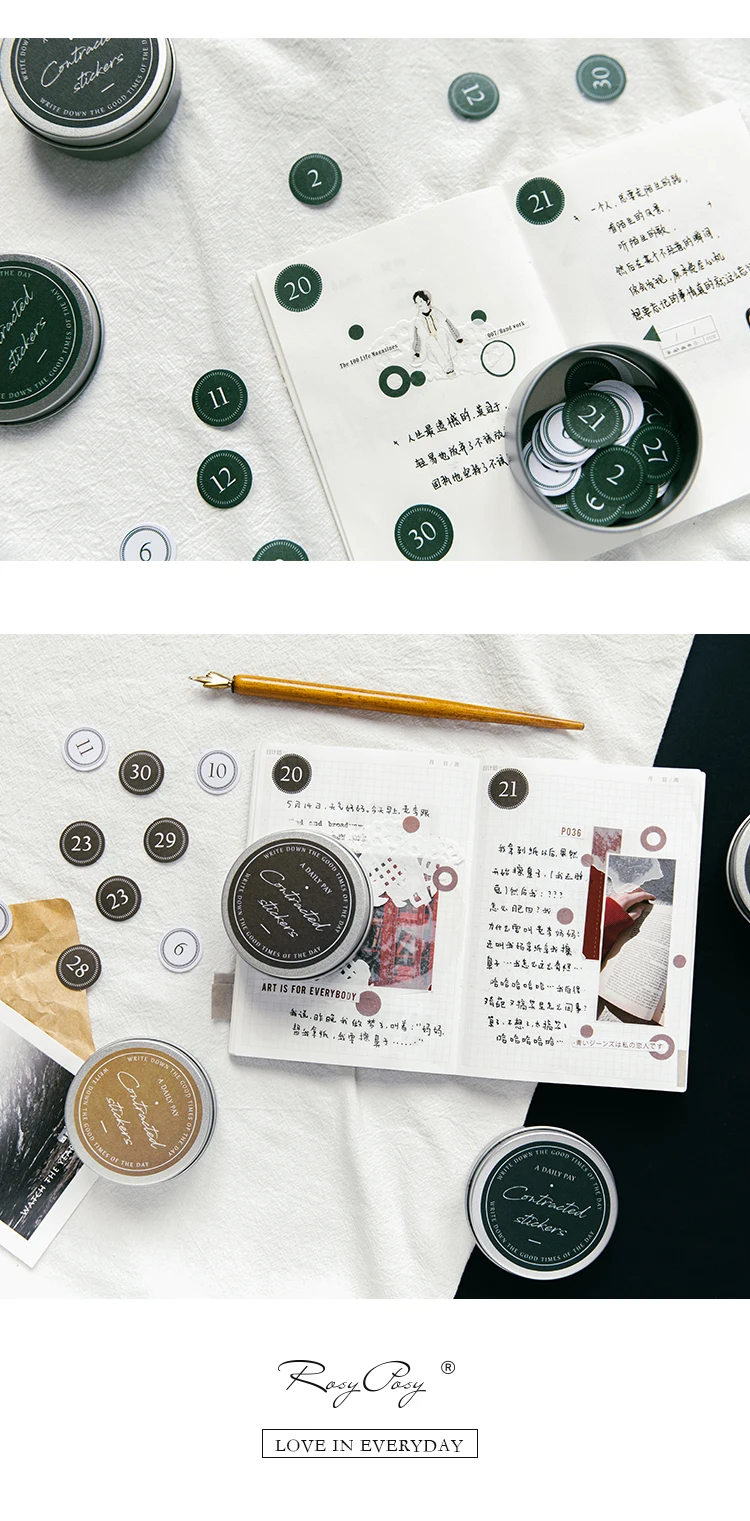 100pcs/box number round Journal Decorative Iron box Stickers set Scrapbooking Stick Label Diary Stationery Album Vintage Sticker