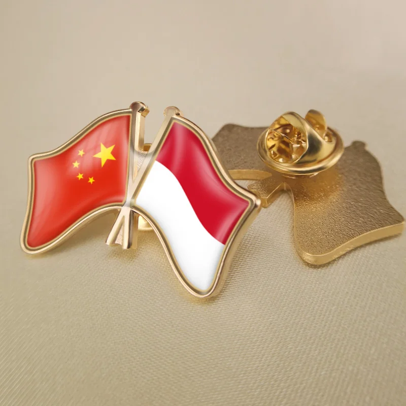 

China and Indonesia Crossed Double Friendship Flags Lapel Pins Brooch Badges