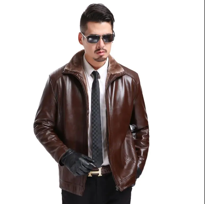 S-3xl Autumn And Winter Men's New Fur Collar One Leather Middle-aged Jacket Sheep Daddy Plus Velvet | Мужская одежда
