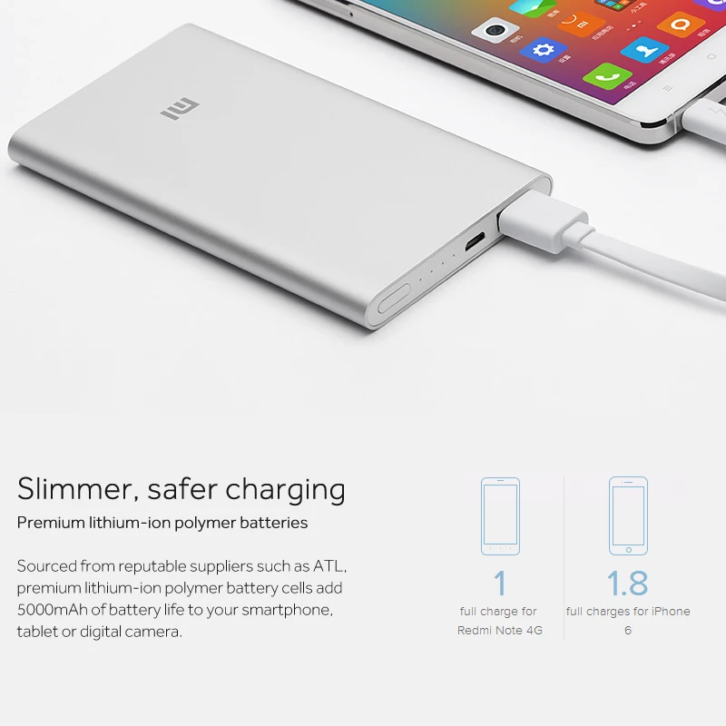 Оригинал Xiao mi 5000mAh power Bank 2 портативное зарядное устройство Тонкий ni bank 5 V/2.1A