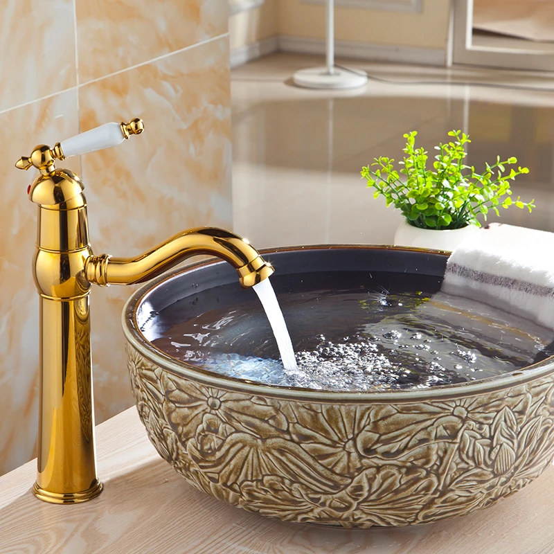 Золотистый смеситель для умывальника в ванную комнату латунный Ретро раковины