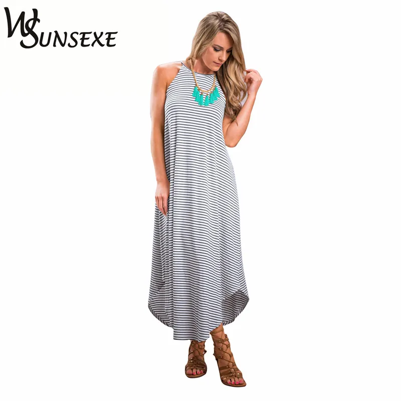 2017 женские летние макси платье Бохо длинное Повседневное без рукавов в полоску