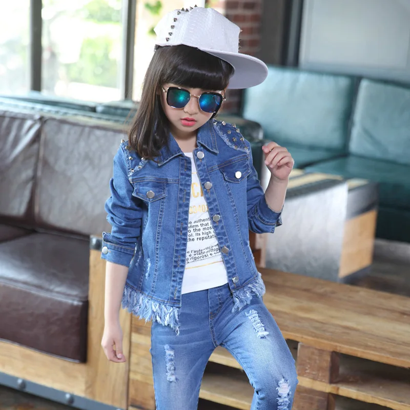 Spring Kids Denim Sets Coat + Jeans Pants Child Casual Outerwear Coat - Autumn Solid Clothing for Girls image 3