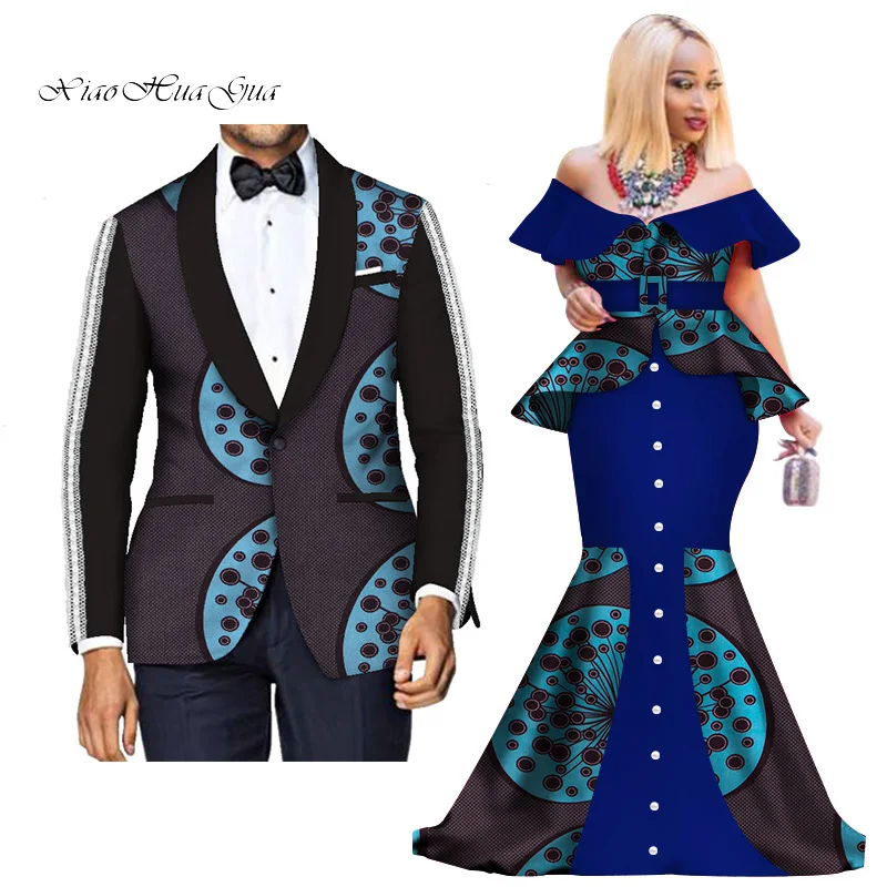 Fashion Custom African Couple Wedding Clothing Dashiki Women Skirt& Men Blazer for Lovers African Traditional Clothing WYQ276