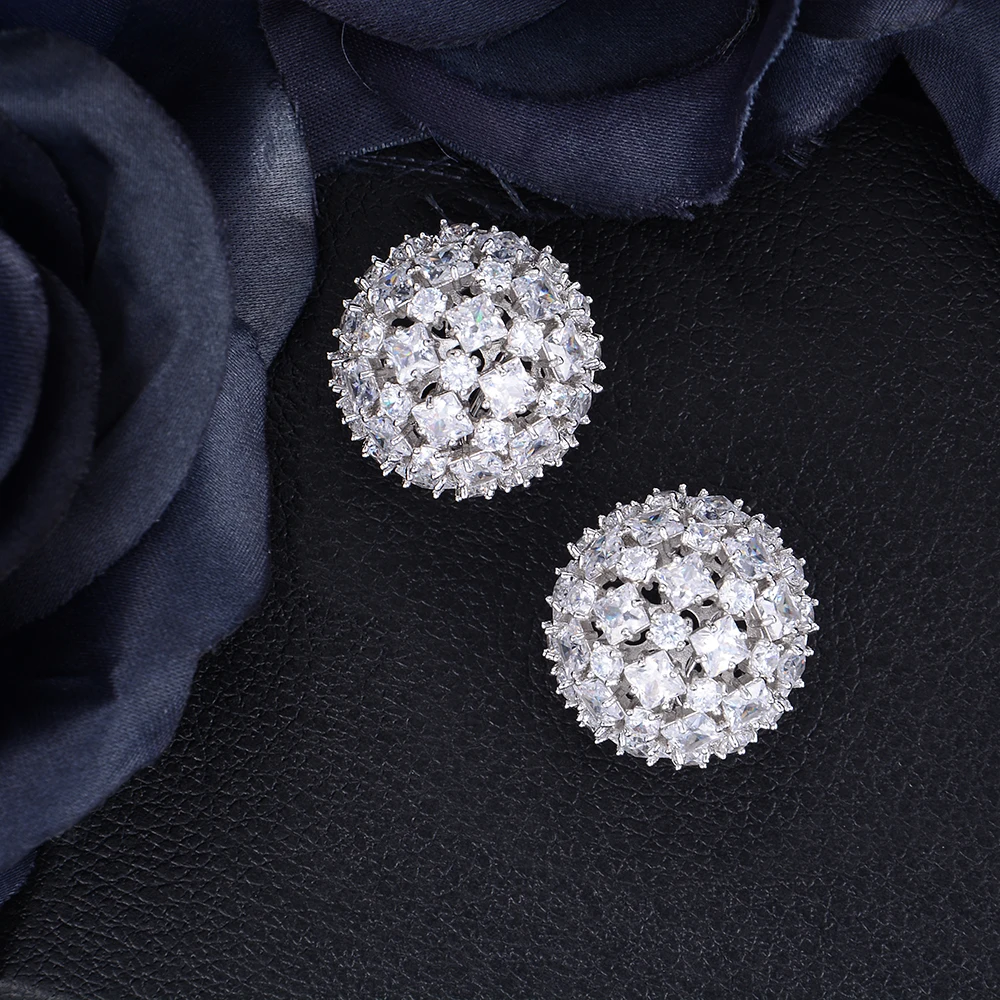 

SisCathy Fashion Full CZ Hollow Round Ball Stud Earrings For Women Bridal Engagement Earrings Gold Jewelry