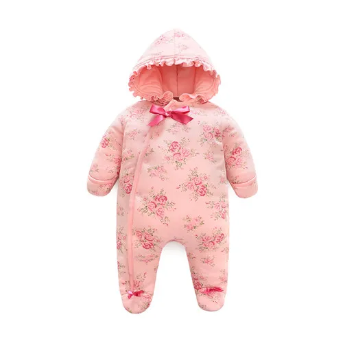 pink jumpsuit Зимние комбинезоны для новорожденных девочек; плотный теплый хлопковый комбинезон; одежда с капюшоном; Рождественский комбинезон принцессы с цветочным рисунком для девочек - Цвет: pink jumpsuit