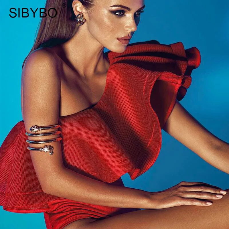 Sibybo женский комбинезон с оборками, черный и белый цвета, сексуальный элегантный комбинезон, женский комбинезон, Облегающий комбинезон - Цвет: Красный