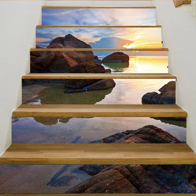 Морские камни пейзаж Art Наклейки для лестницы съемный 3D стены Стикеры Гостиная