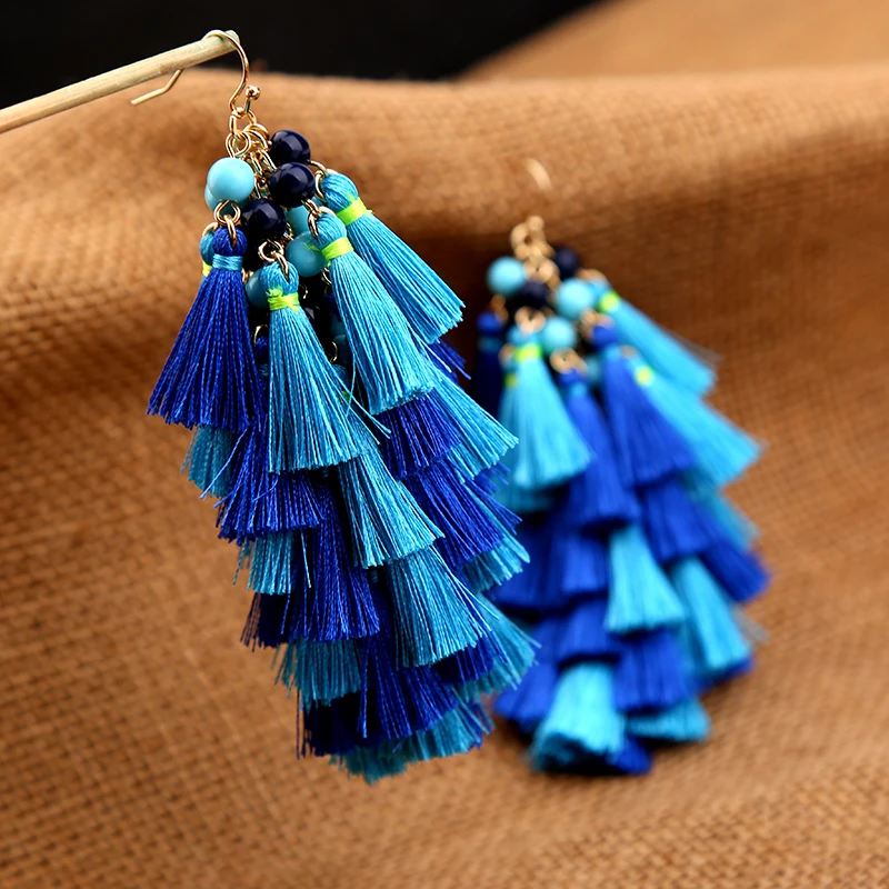 Boho Blue Beads Layered Fringe Tassel Earrings Brincos New Fashion Women Chunky Big Statement Ethnic Jewelry | Украшения и