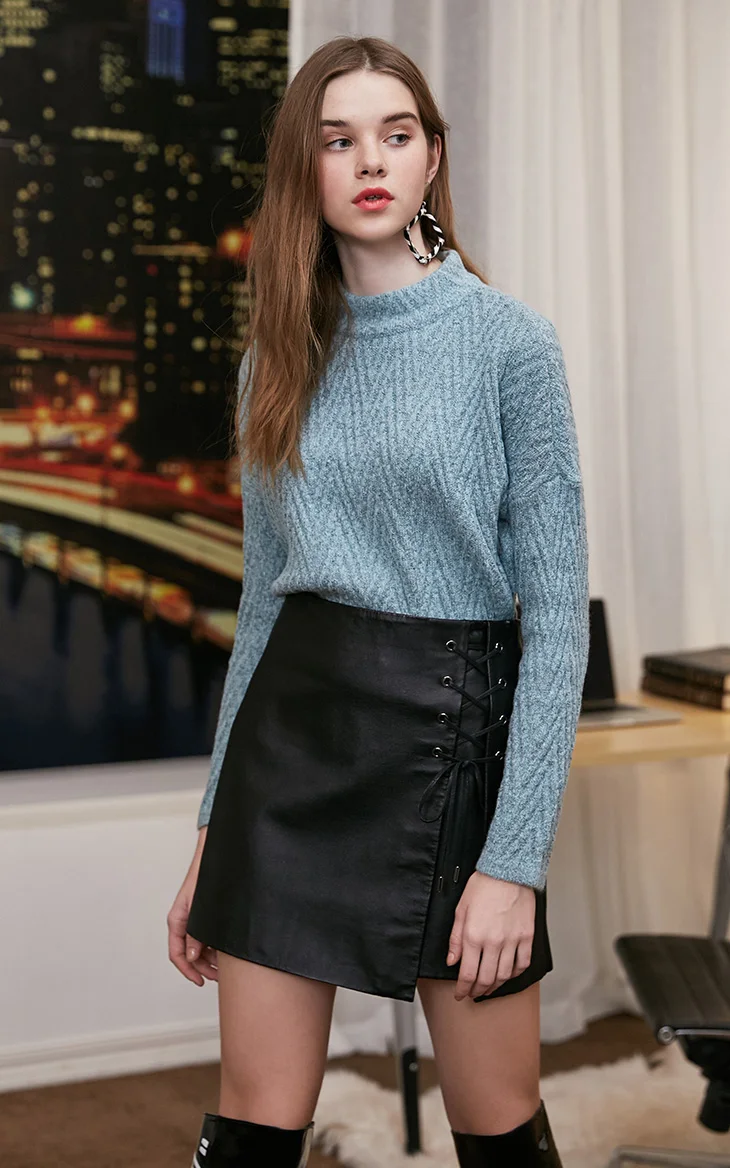 Vero Moda новые женские свитер женский ребристые круглый вырез водолазка нерегулярные подол чистый трикотаж | 318413614