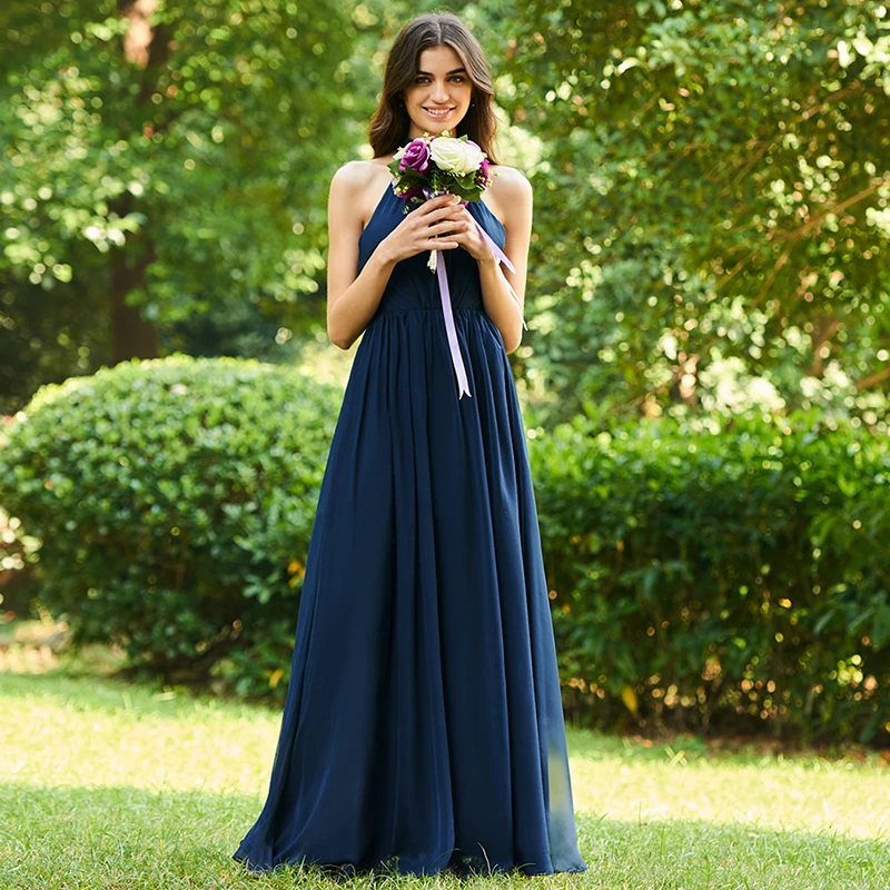 Женское платье подружки невесты Tanpell темно-синее с лямкой на шее без рукавов