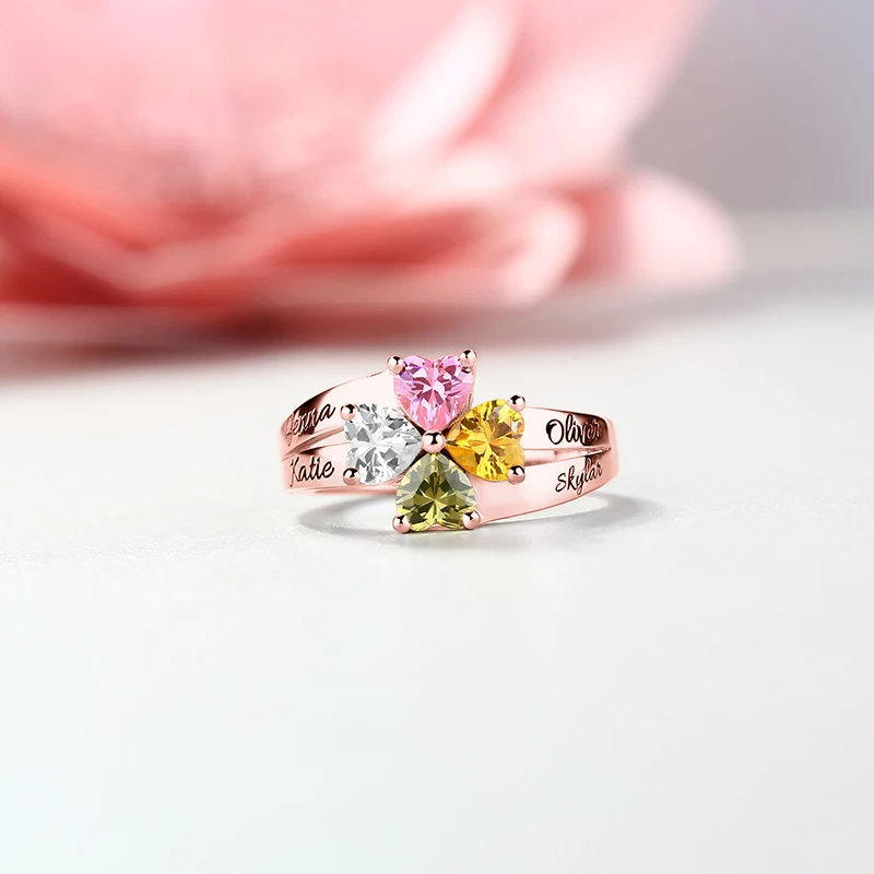 Wholesale MOM Jewelry Mother's Love and Lucky 4 Birthstones Ring In Rose Gold Color Name&ampBirthstone Rings For Her Christmas Gift |