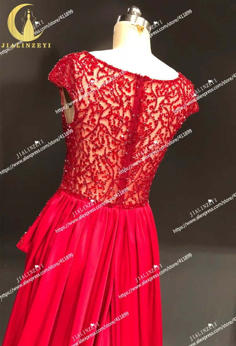 JIALINZEYI Real Sample Picture Red Cap Sleeves Beads Slit Satin Fashion vestidos de novia Dress for Party Evening Dresses